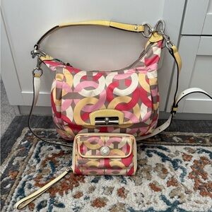 Coach Pink, Yellow & Cream Patterned Shoulder Bag with Matching Wallet